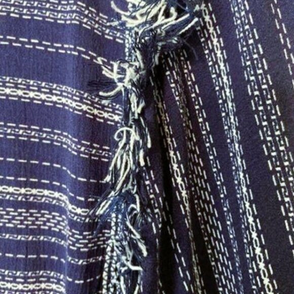 Blue Rain Navy Striped Peasant Blouse M: Boho Fringe, Criss-Cross Back, Cotton - Picture 4 of 9